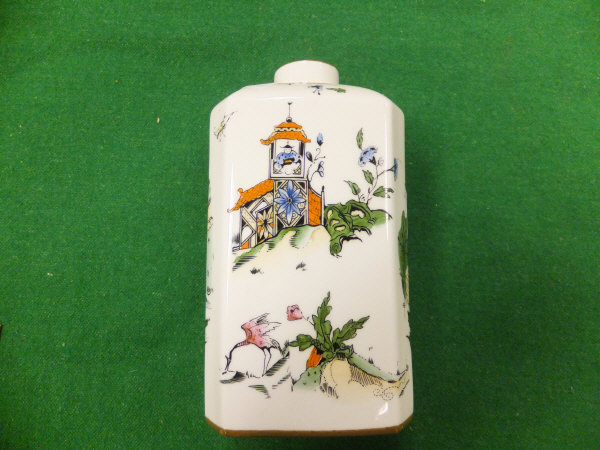 A Royal Worcester tea caddy polychrome decorated with chinoiserie design, No'd. to base 2413