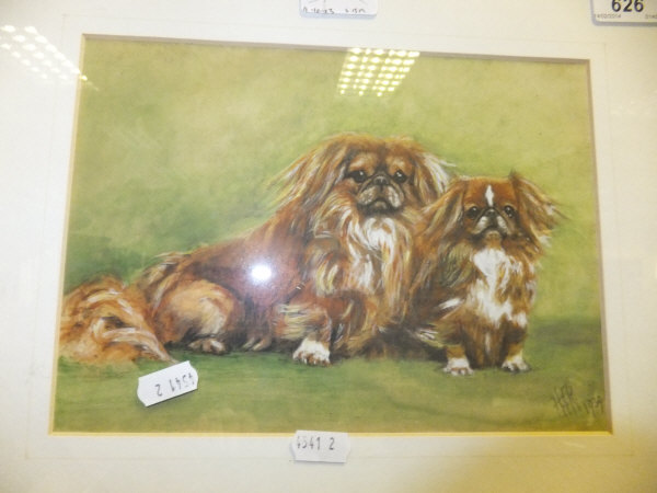 H.E.R. "Pekingese and puppy", watercolour heightened with white, initialled and dated 1939 bottom