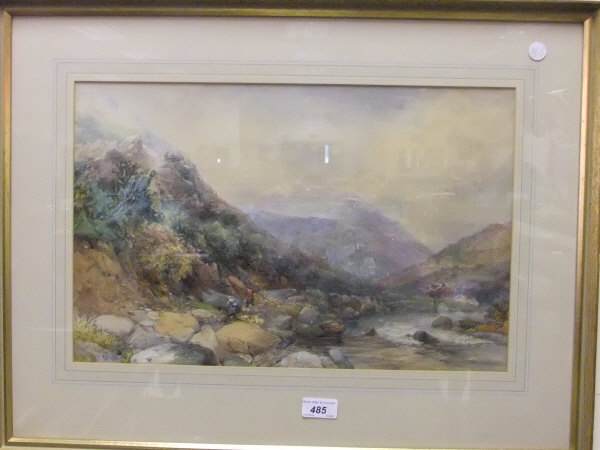 JOHN NEEDHAM "Figures by a river in a mountainous landscape", watercolour, signed and dated 1861