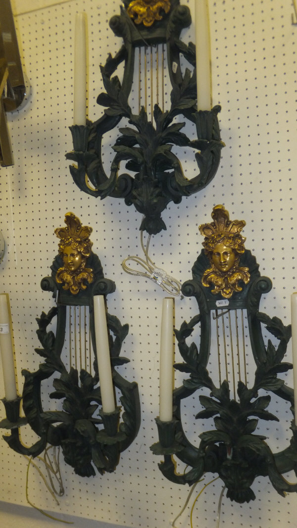 A set of four green and gilt decorated wall lights CONDITION REPORTS Overall with wear and scuffs,