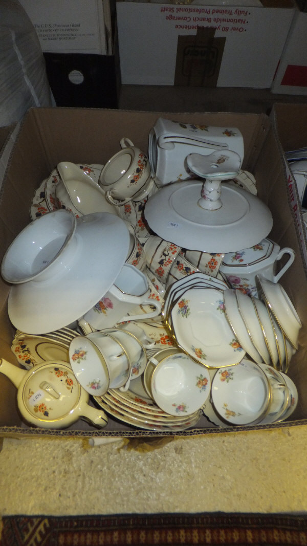 A box containing a quantity of J G Meakin "Sunshine" dinner and tea wares, together with other