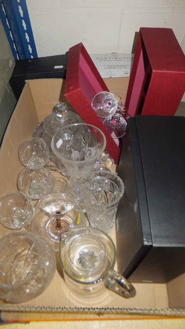 A quantity of glassware to include a boxed presentation set of two trumpet shaped glasses, another