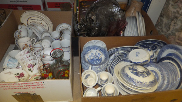 A box of assorted "Willow" pattern dinner wares, together with a further box of china to include