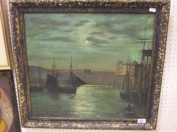 ENGLISH SCHOOL "Moonlit harbour", oil on canvas, indistinctly signed bottom left CONDITION REPORTS