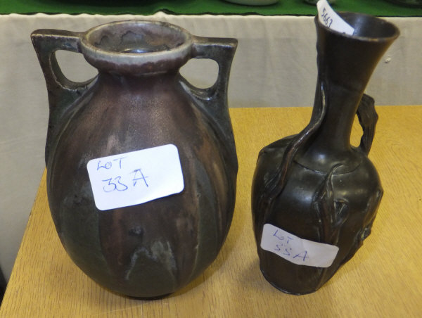 A glazed studio pottery vase, and a bronzed lead vase