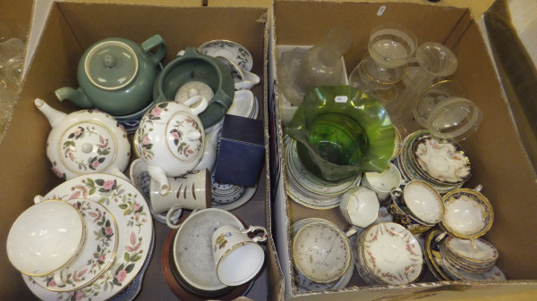Two boxes of china and glass to include Wedgwood "Hathaway Rose" tea set, a glass lustre vase, etc