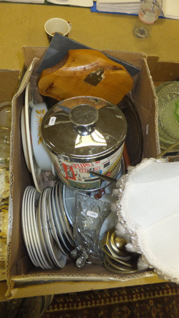 A box of assorted china wares to include various decorative plates, cut glass vase, a retro ice