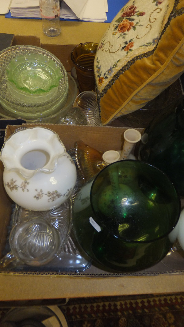 Two boxes of assorted glassware to include a pair of opalescent enamel decorated vases, various