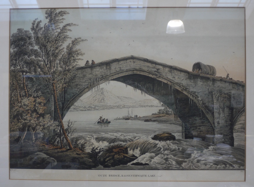 A hand tinted engraving 'Ouze Bridge, Brackenthwaite, Cumbria', framed