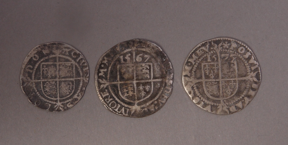 Elizabeth I hammered silver threepence 1567mm Coronet, threepence 1577 or (1578/7)mm Eglantine,