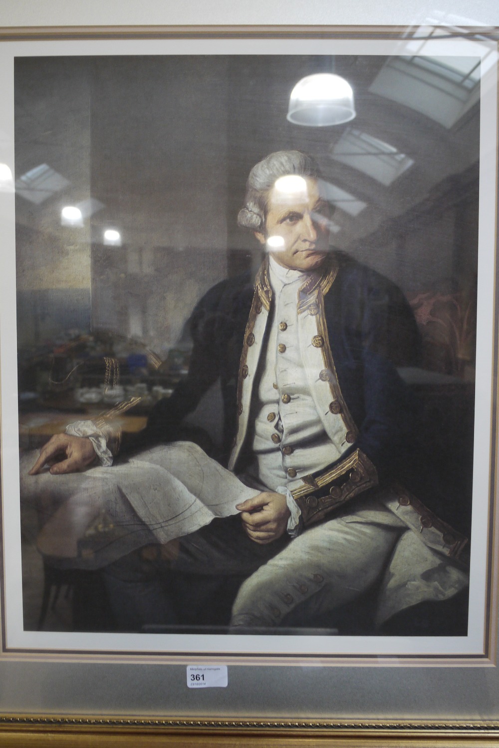 Three quarter portrait of Captain Cook colour print, gilt frame
