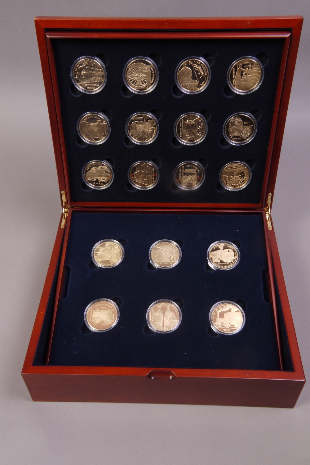 Royal Mint 'The Golden Steam Age' silver proof series of eighteen five pound coins issued for