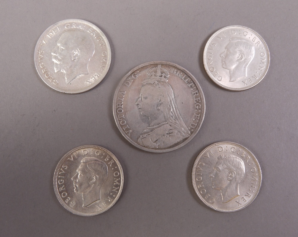 Victoria J.H. Crown 1892, fine, George V Half Crown 1915, VF, 3 x George VI Florins '42, '44, '46, - Image 2 of 2