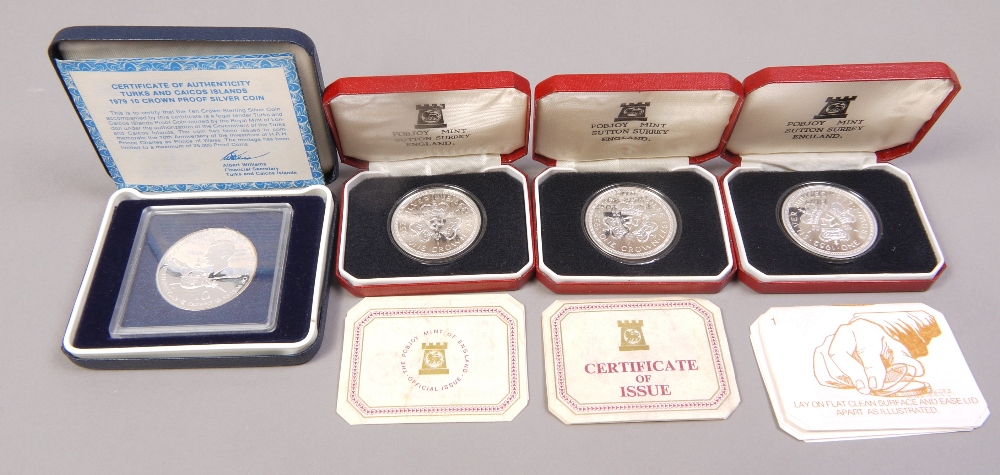 Isle of Man, 3 x 1977 Silver Jubilee Proof Silver Crowns cased and Turks and Caicos Islands, 1979