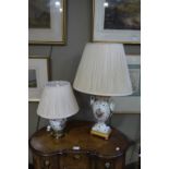 Two china table lamps, each printed with