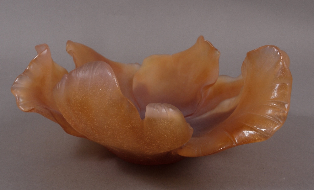 A MODERN DAUM AMBER GLASS PATE DE VERRE DISH of open flowerhead form, etched to the underside '