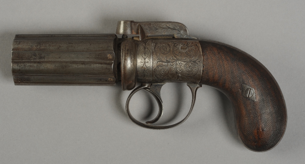 A REGENCY SIX-SHOT PEPPERBOX PERCUSSION REVOLVER, by Thomas Belliss, stamped Birmingham proof marks,