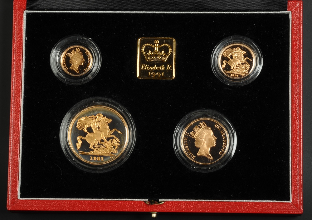 UK GOLD PROOF SET 1991, £5 to half sovereign, in original case. See illustration