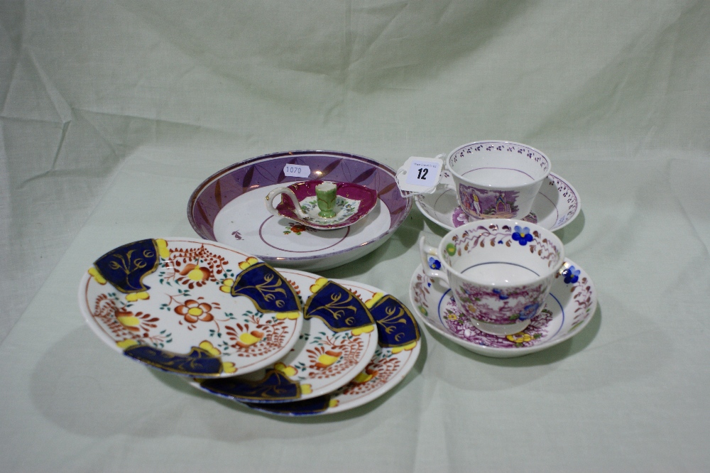 Five Gaudy Welsh Pottery Side Plates Together With Two 19th Century Cups And Saucers Etc