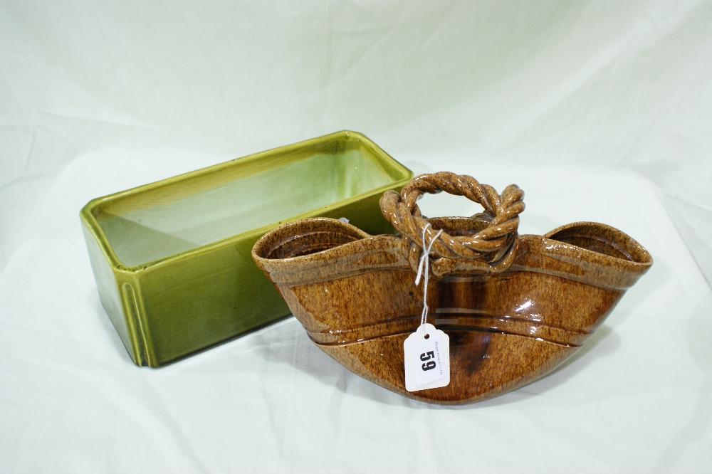 A Green Glazed Bretby Pottery Flower Trough Together With A Brown Glazed Flower Basket