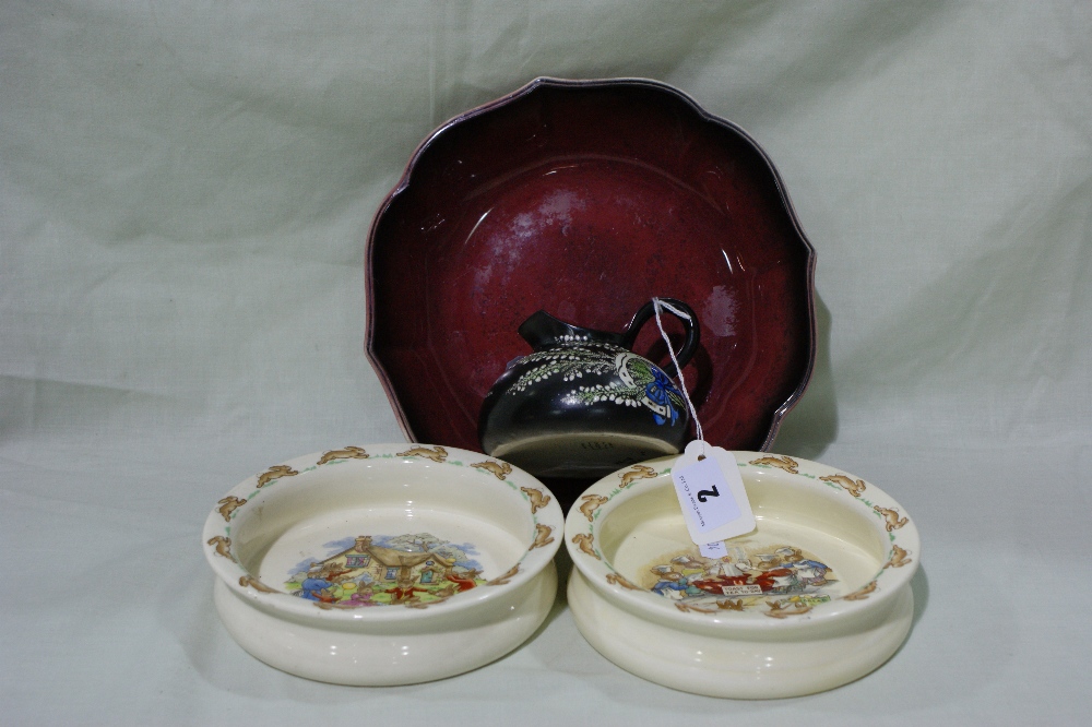 A Shelley Lucky Heather Souvenir Jug Together With Two Royal Doulton Bunnykins Series Ware Feeding