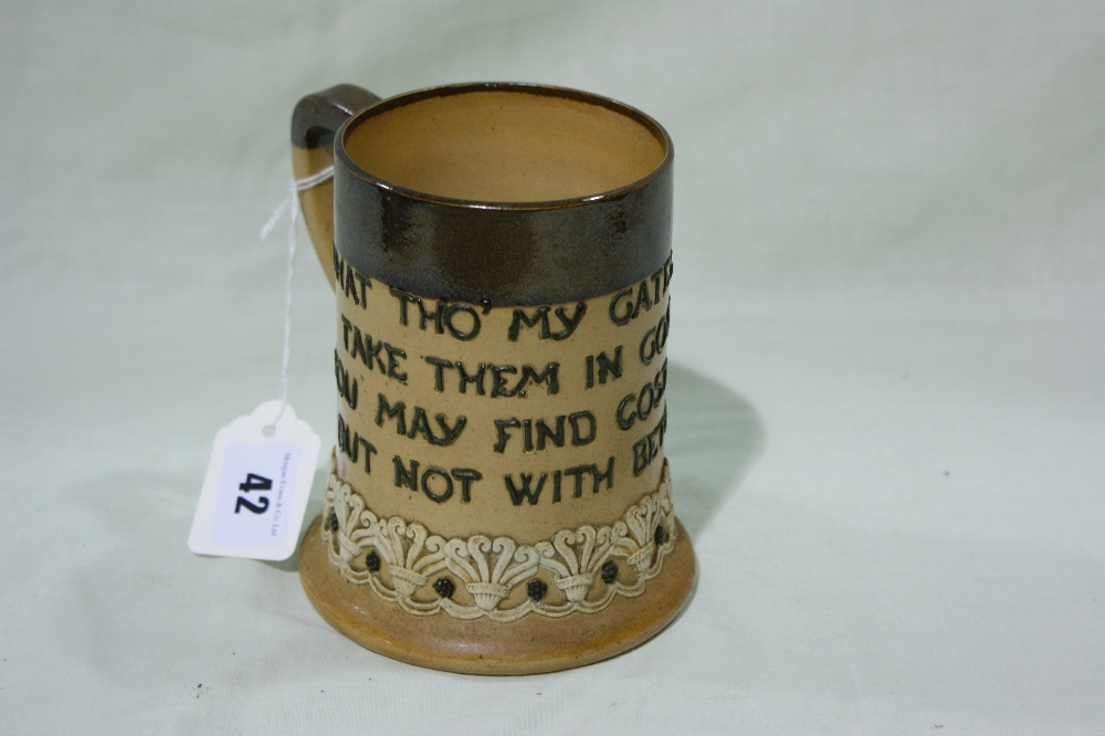 A Late 19th Century Doulton Lambeth Salt Glazed Motto Tankard With Impressed Marks And Numbers 0142