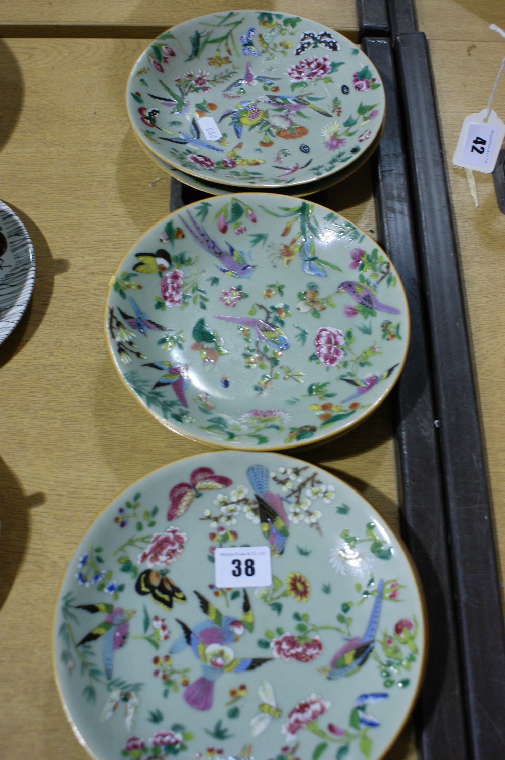 Six Circular Famille Verte Plates Each Decorated With Blossom, Insects And Birds, Character Mark To