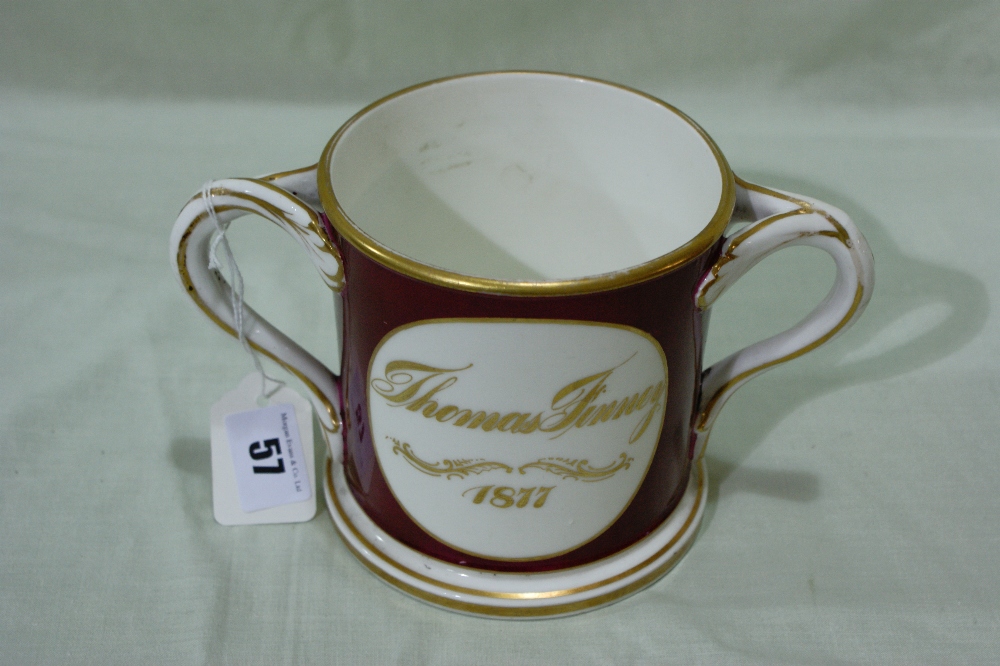 A 19th Century Staffordshire China Two Handled Christening Mug, Floral Panel And Gilt Text ""Thomas