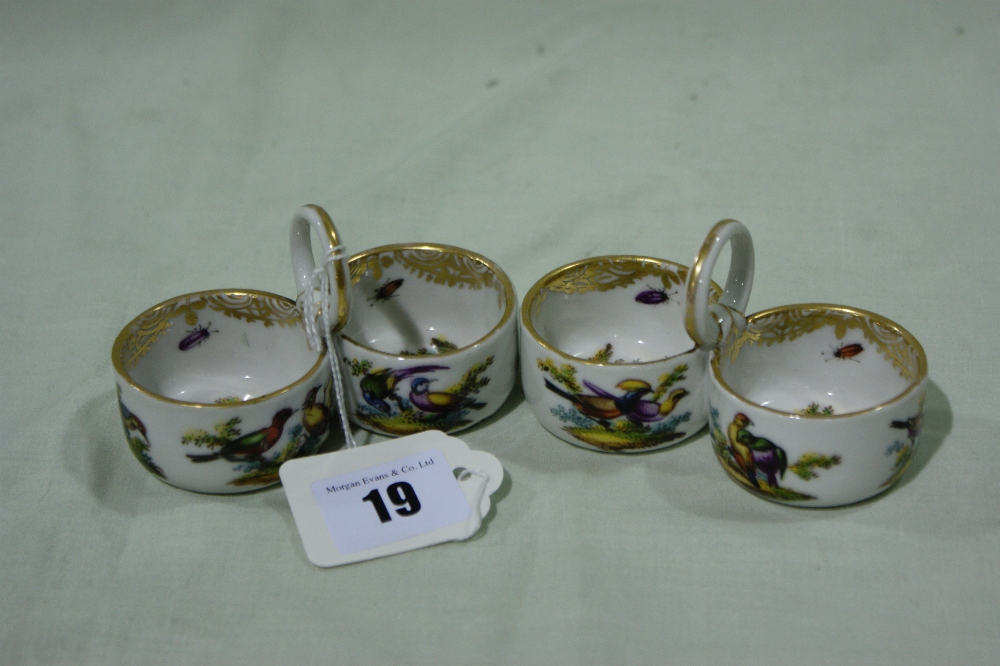 A Pair Of Dresden China Double Pots With Gilt Rims And Bird Decoration