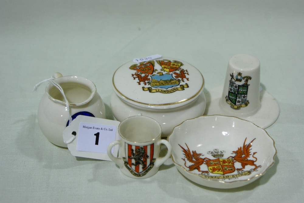 Five Welsh Related W H Goss Crested China Pieces