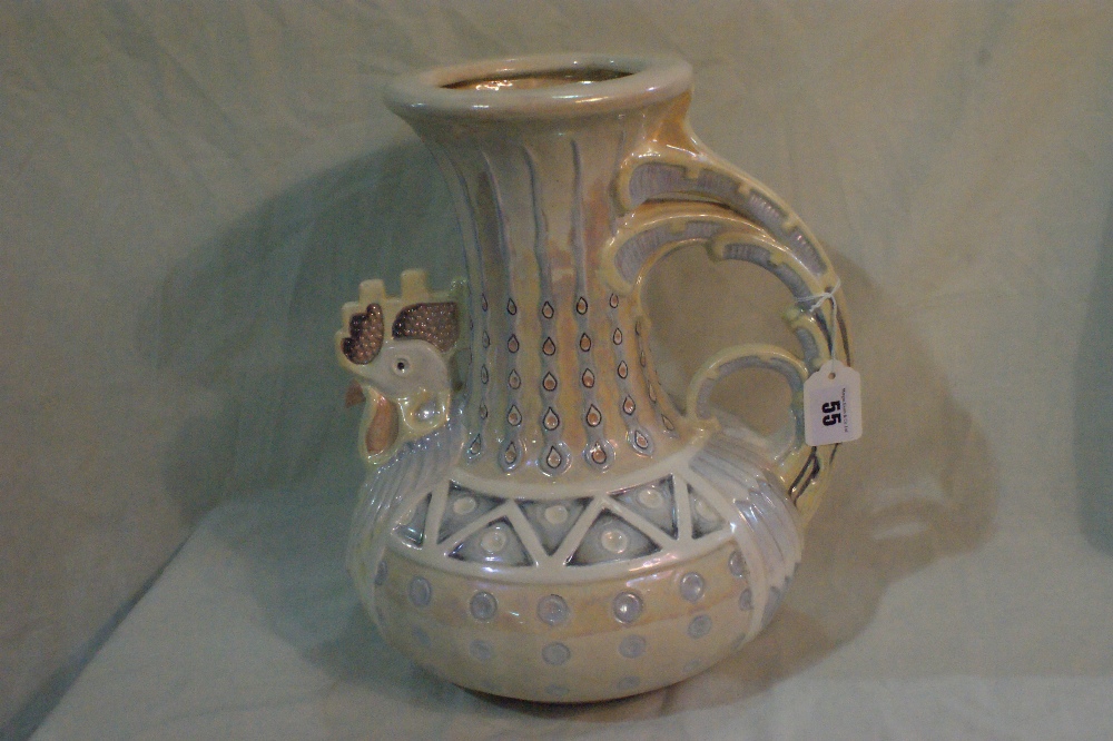 An Austrian Amphora Ware Volateria Ware Lustre Jug, The Body Modelled As A Cockerel And Geometric