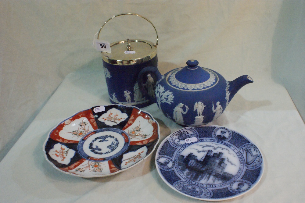 A Wedgwood Blue Jasper Ware Biscuit Barrel And Cover Together With A Similar Tea Pot And Two Other