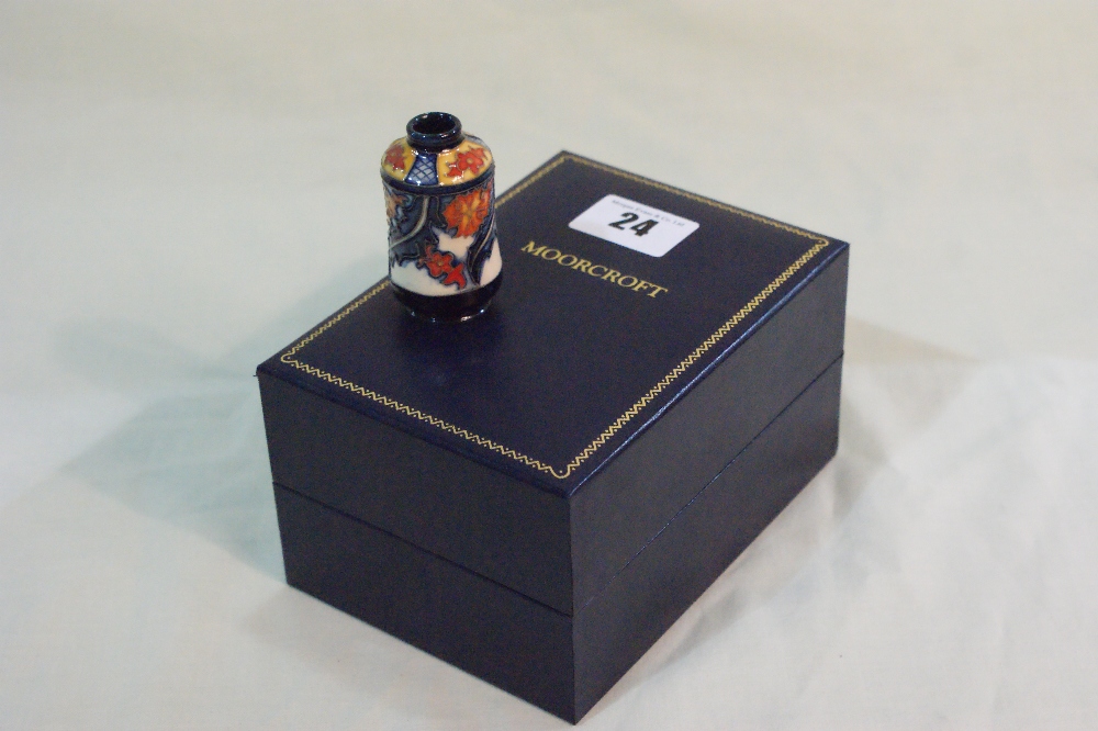 A Boxed Miniature Moorcroft Pottery Vase With Leaf Decoration, Dated 2013, Red Dot Mark