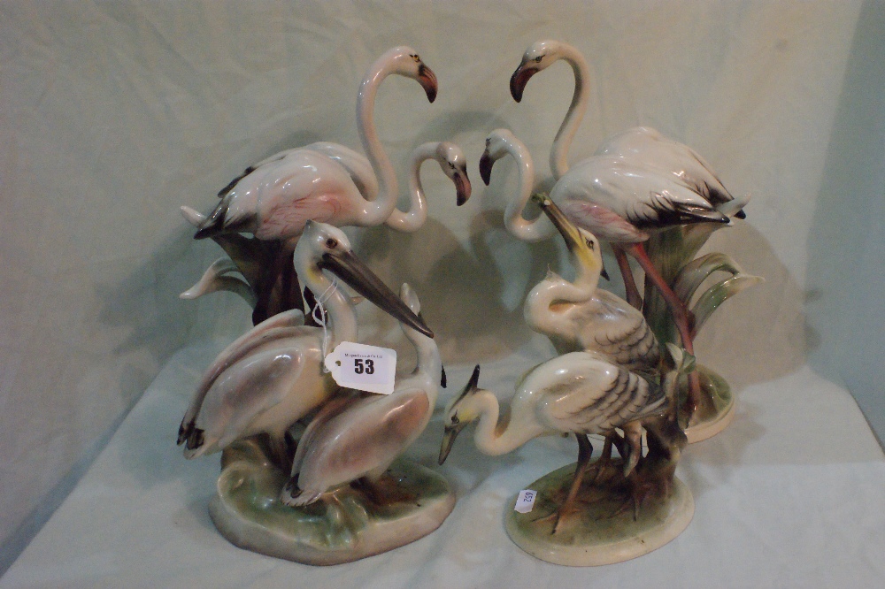 Four Austrian Manufacture Groups Of Flamingos And Similar Birds