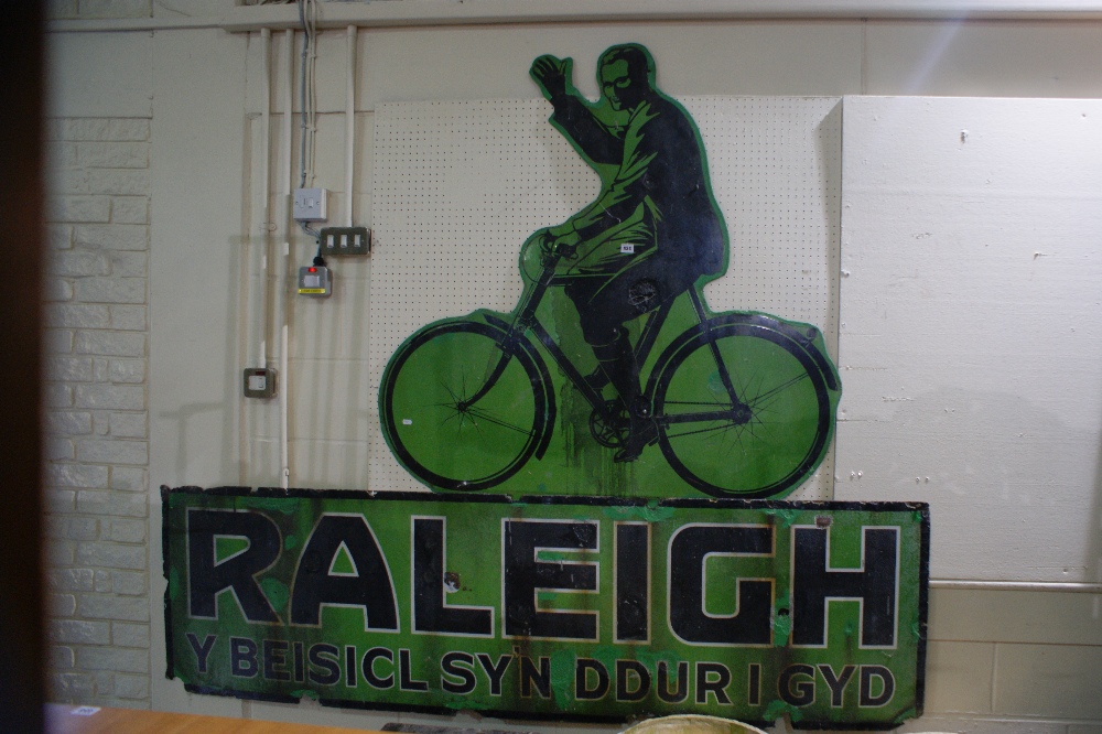 A Large And Impressive Two Piece Enamel Sign, Green Background And Black Lettering For Raleigh