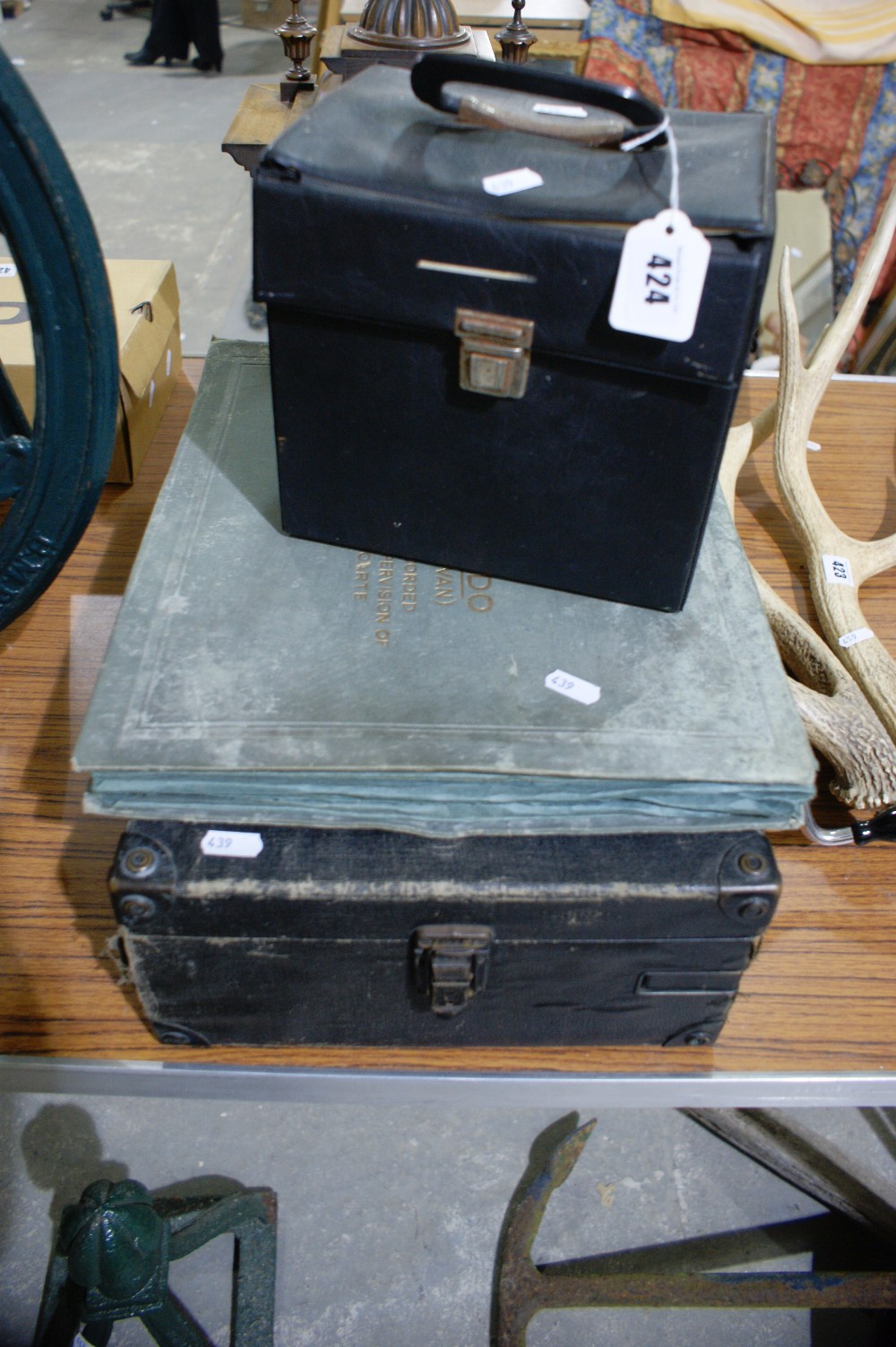 An Edwardian Table Top Portable Wind Up Gramophone And Records