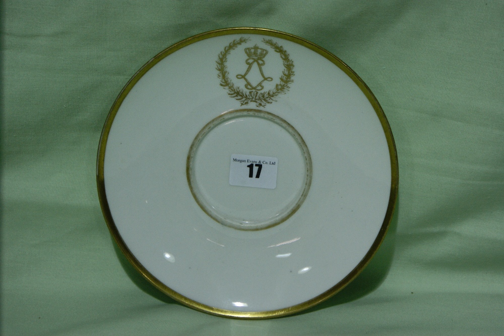 A Circular Sevres Porcelain Sauce Tureen Base Plate, Gilt Lined And With Armorial Crest