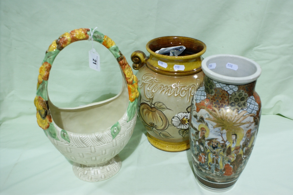 A Clarice Cliff Celtic Harvest Pattern Flower Basket Together With An Oriental Vase Etc -3