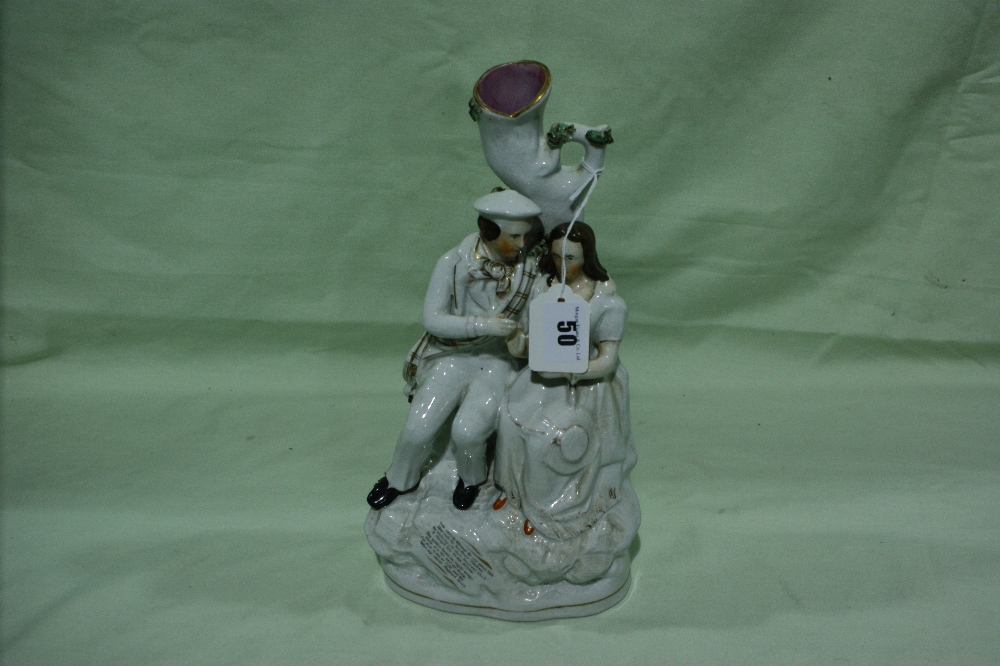 A Staffordshire Pottery Figural Spill Holder Group With Transfer Verse (Highland Mary)