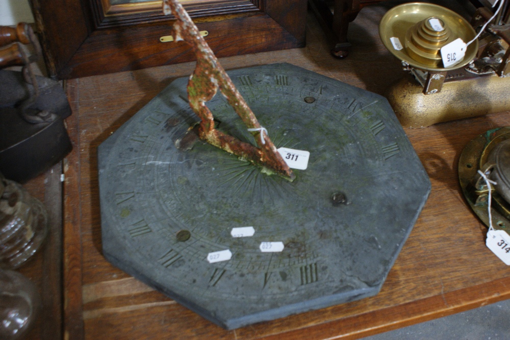 A Late 18th Century Octagonal Slate Sun Dial With Cast Iron Marker 16" Diameter