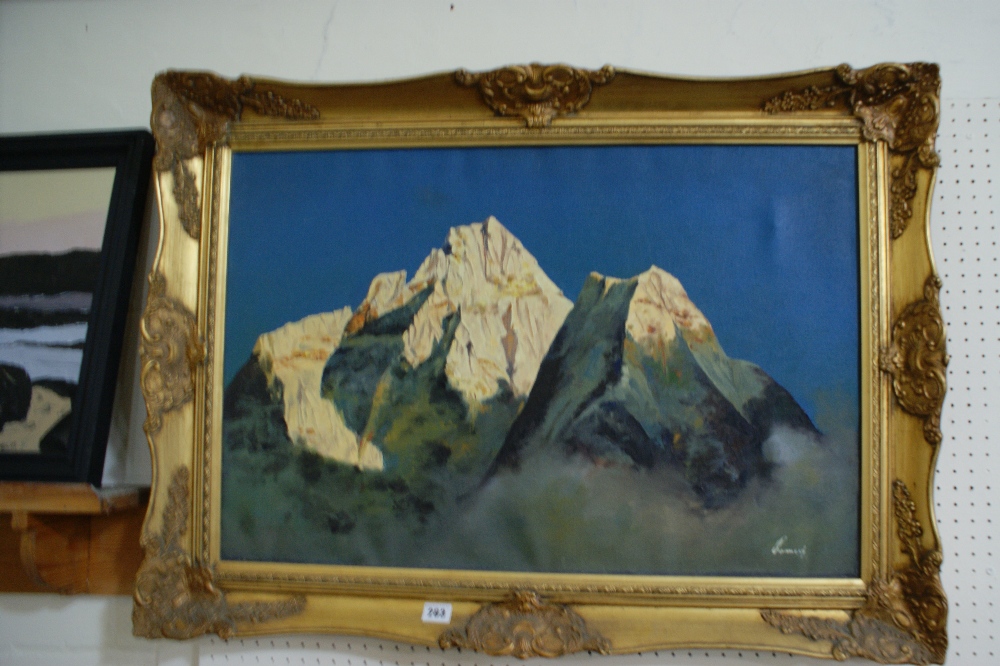 20th Century School, Oil On Canvas Himalayan Mountain View At Sunrise, Signed