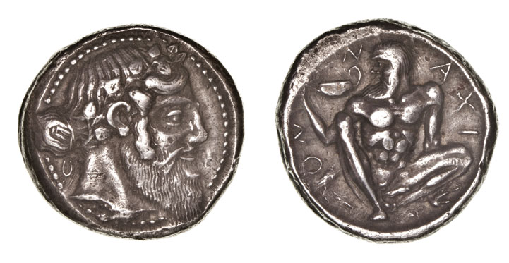 *Sicily, Naxos, tetradrachm, c. 460 BC, bearded head of Dionysos to right, wearing an ivy wreath,