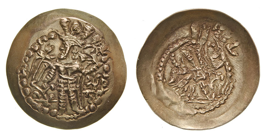 *Kushano-Sasanian, Kidara, scyphate dinar, crowned king standing left, holding trident and