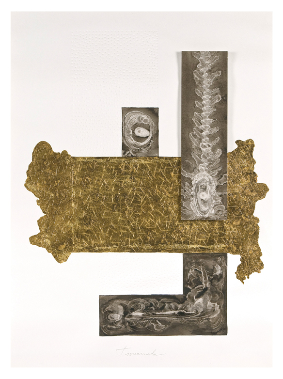 MARCO ANTONIO TROVAMALA, Sin título, 2004, Firmado. Collage, tinta china y hoja de oro sobre papel