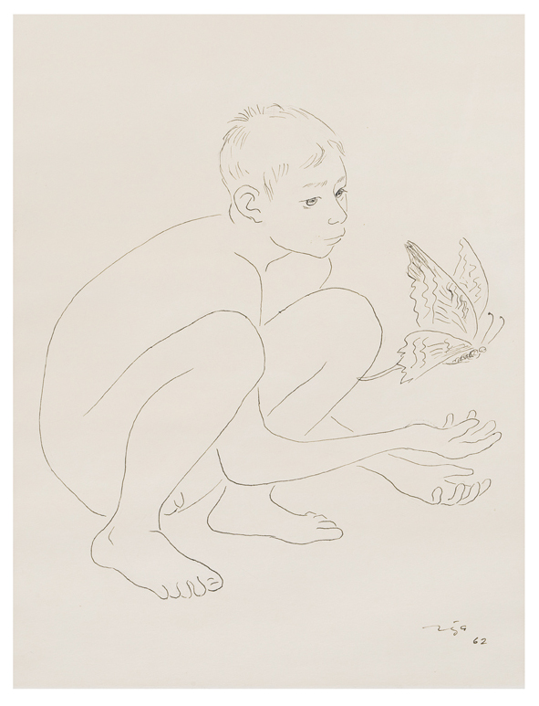 FRANCISCO ZÚÑIGA, Niño con mariposa, Firmada y fechada 62. Tinta sobre papel, 37.5 x 29 cm, Con