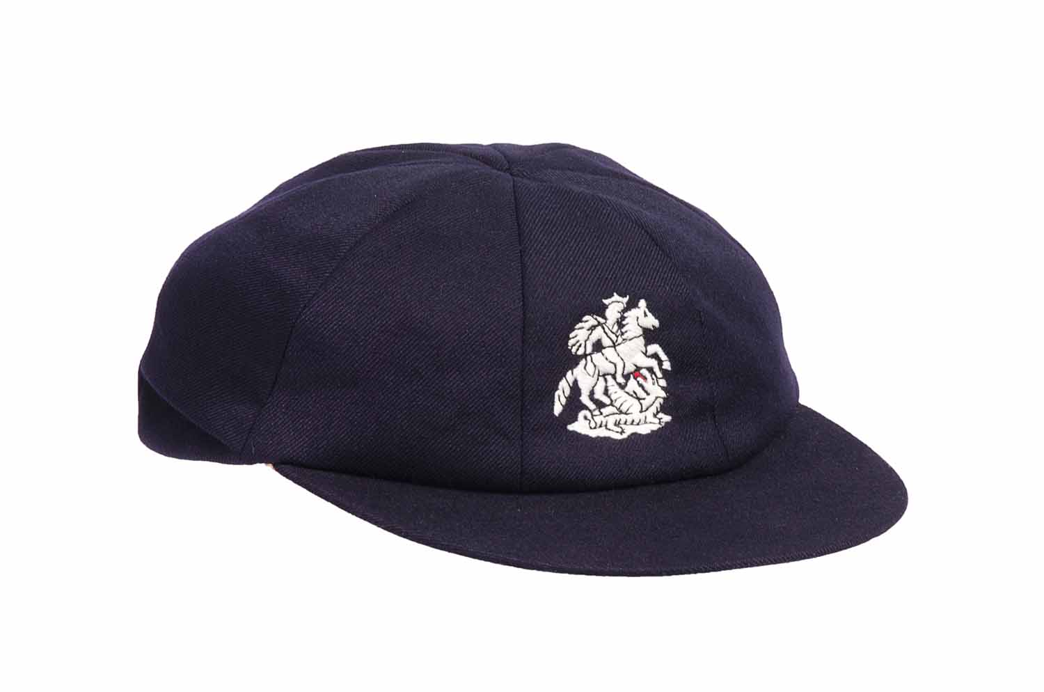 JACK RUSSELL?S ENGLAND TOURING TEST CAP, navy blue, embroidered St.George & Dragon on front, signed