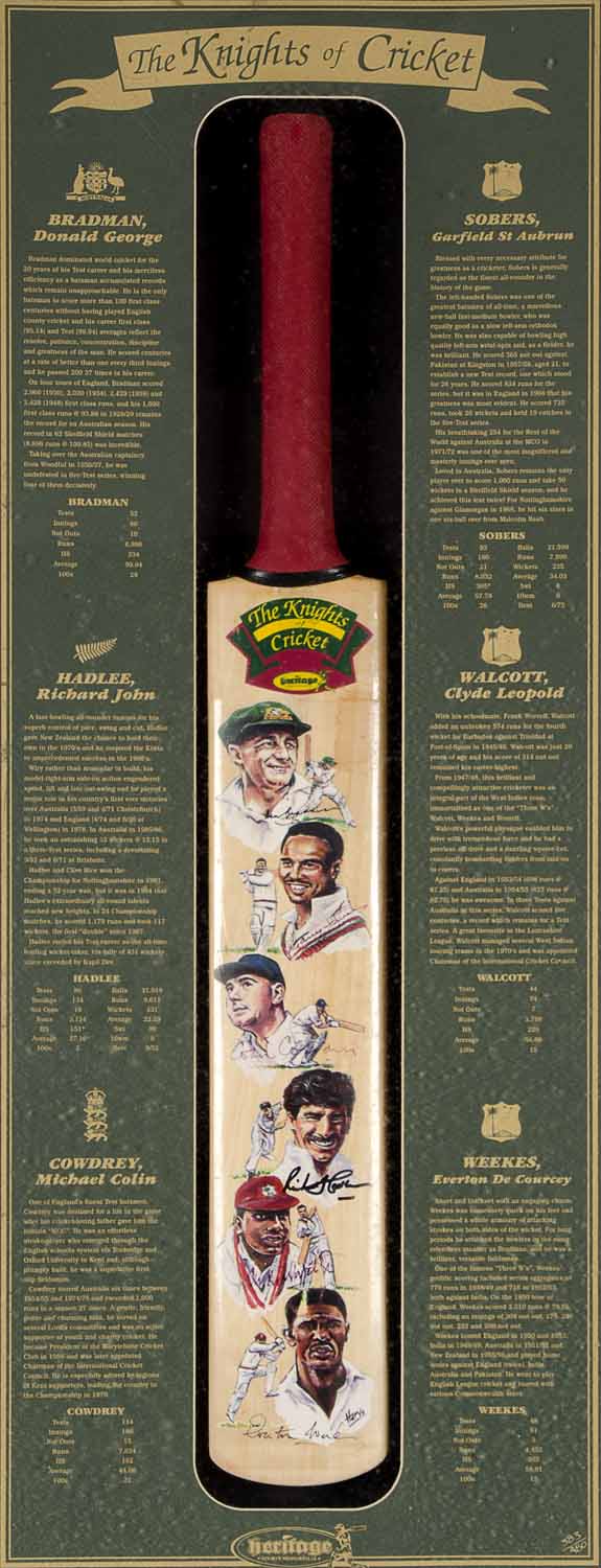 THE KNIGHTS OF CRICKET, full size cricket bat, with signatures of Sir Donald Bradman, Sir Richard
