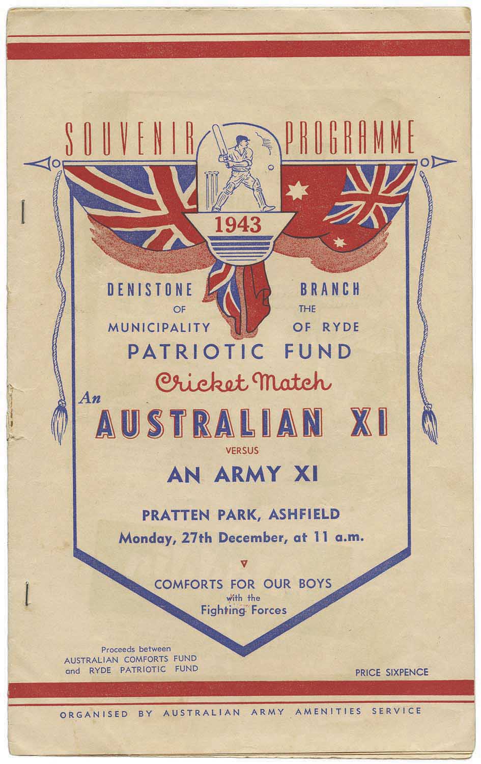 ?Souvenir Programme, 1943, Patriotic Fund Cricket Match, An Australian XI versus An Army XI,