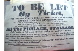 Ephemera ? Leek^ Staffordshire. Poster advertising market stalls leases & tolls (commissions) of