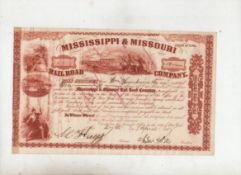 Ephemera ? Mississippi & Missouri Railroad Company. Certificate for 10 shares 1857. 4 vignettes: